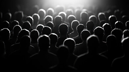 Fototapeta premium A crowd of people standing in a dark room with a spotlight shining on them.
