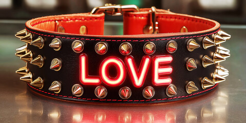 Black leather choker with spikes. BDSM accessory for sex role-playing games with submission and domination