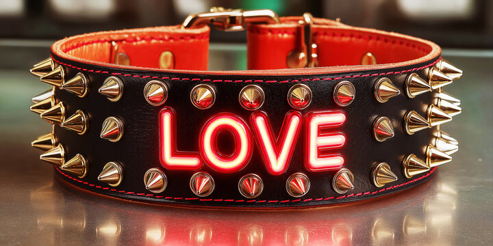 Black leather choker with spikes. BDSM accessory for sex role-playing games with submission and domination