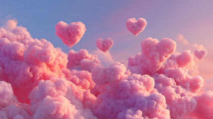 Fototapeta premium Heart-shaped clouds floating in a pastel sky during sunset, creating a dreamy atmosphere