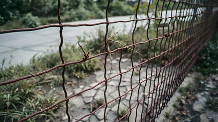 Rusty wire mesh fence protecting an abandoned area with overgrown grass