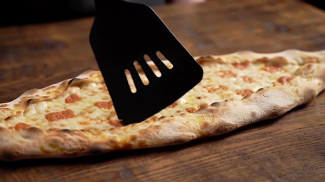 Close Up Delicious Turkish Pide on Rustic Wooden Table Displaying Golden Crust Topped with Melted Cheese and Savory Filling Perfect for Bakery Promotion and Culinary Content Professional High Detail
