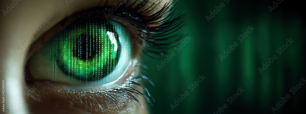 Poster close-up of futuristic green eye with digital binary code reflection for technology concept