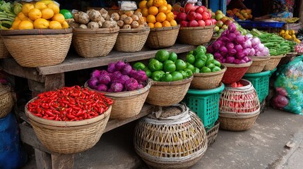 Fototapeta premium Abundant fresh produce including vibrant chilies, purple cabbage, green peppers, and citrus fruits displayed in woven baskets at a market.