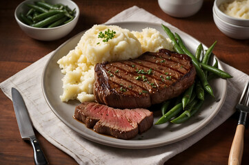 grilled steak with mashed potatoes and green beans