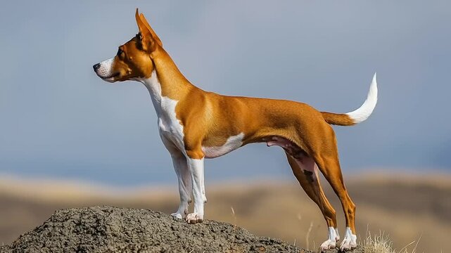 A dignified Basenji dog proudly poses atop a rocky outcrop against a scenic background