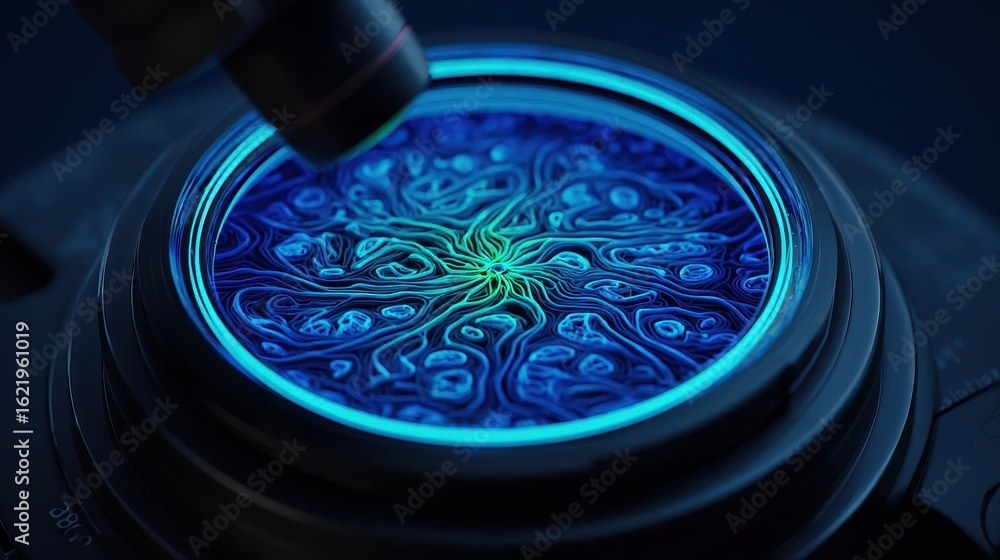 Poster abstract pattern in a petri dish, illuminated by a microscope.