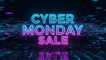 Cyber monday sale with vibrant, neon text on dark circuit board background. Cyber monday promotion includes modern font and glowing effect, great for advertising material. - Powered by Adobe