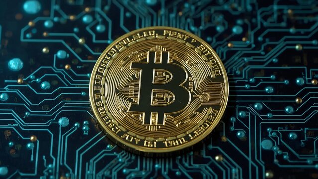 Bitcoin Cryptocurrency on Digital Circuit Board - Powered by Adobe
