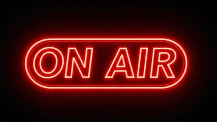 Glowing On air sign in bright red neon, perfect for broadcasts and recordings. On air signage is universally recognized, signalling active broadcast or recording in studios or online. - Powered by Adobe