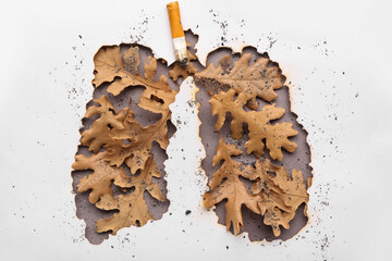 Paper cut out lungs with cigarette butt and dry oak leaves on grey background
