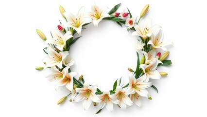 Fototapeta premium Folk art lily wreath on white. Minimal, clean, realistic, elegant. Ideal for wedding cards, invites, websites, or prints.