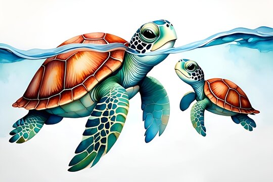 Watercolor painting depicts a mother and baby sea turtle swimming in clear blue water together.