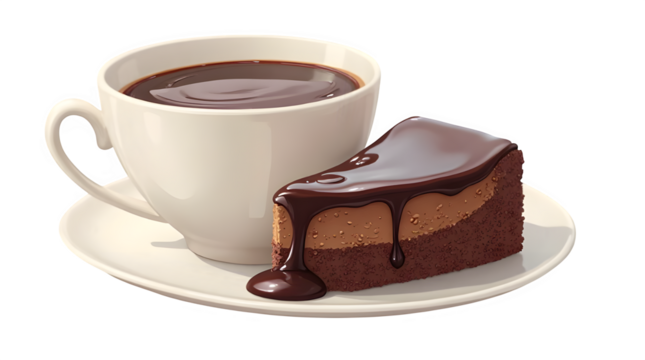 A cup of coffee paired with a slice of chocolate cake and jam, all set against a white background. Vector

