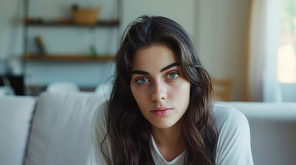 panoramic shot of depressed brunette woman