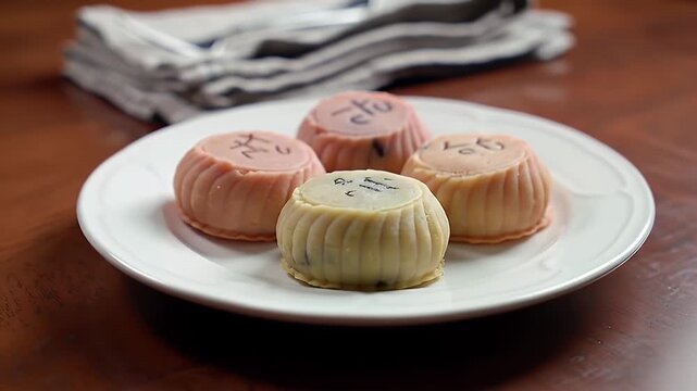 Close Up of Delicious Colorful Kue Ku Cakes on White Plate and Rich Wooden Table Top Professional Display Aromatic Asian Dessert Food for Sweet Tooth Temptation Perfect for Bakery and Pastry