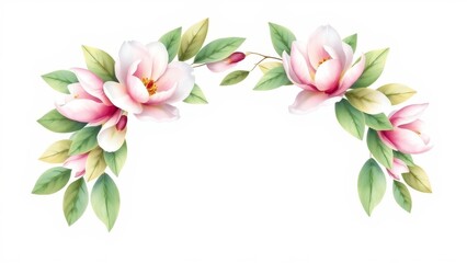 Fototapeta premium Watercolor magnolia wreath, half-circle, hand-painted leaves, isolated on white. Minimal, realistic, elegant design for weddings or invitations.