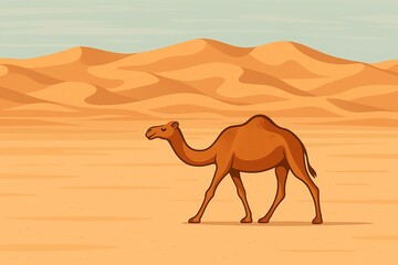 Flat illustration of a lone camel walking through golden sand dunes under a clear blue sky, symbolizing desert life, endurance, and solitude in arid landscapes.amel Walking Across Desert Dunes