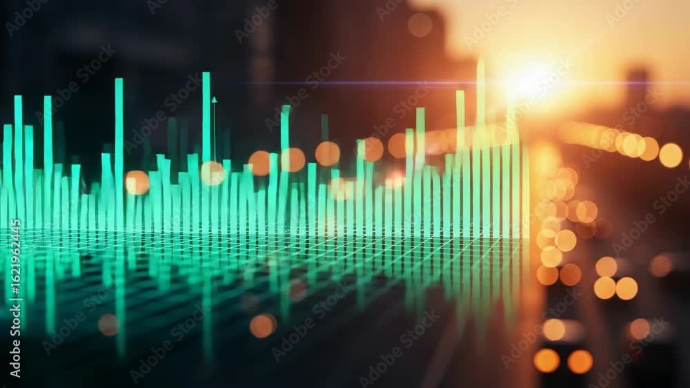 Aufkleber abstract data visualization with glowing teal bars rising from grid. dynamic data graph shows upward