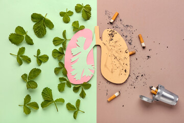 Paper lungs with cigarettes and leaves on color background