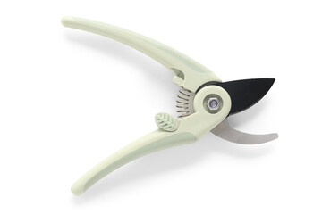Gardening plastic secateurs on white background
