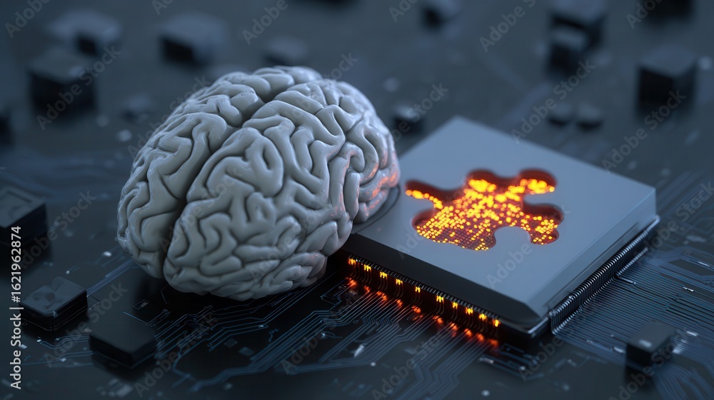Poster gray brain rests on a circuit board with a glowing puzzle shape.