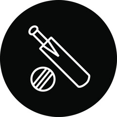 White outline of a cricket bat and ball on a black circle background