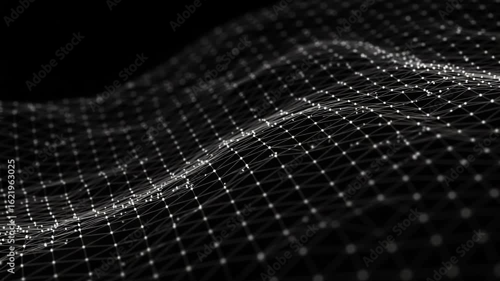 Poster a black and white abstract network background with interconnected nodes and lines represents modern 