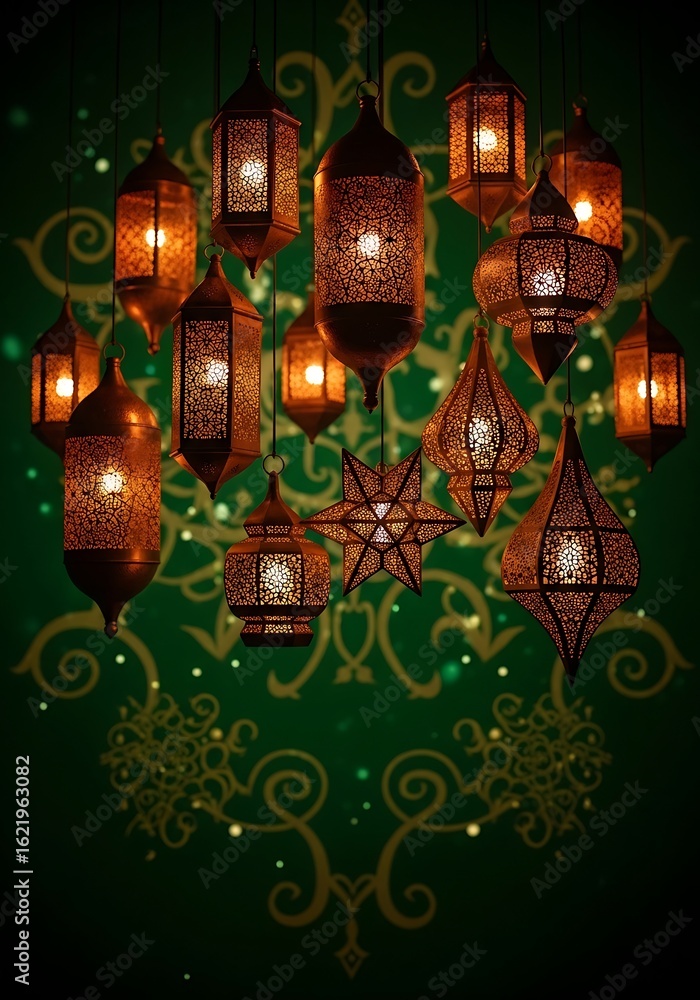 Poster a captivating array of ornate lanterns illuminating a decorative green backdrop