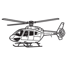 Vector doodle of a helicopter, black and white style, with spinning blades, sleek body, and visible tail rotor, outlined sharply using bold solid black lines.

