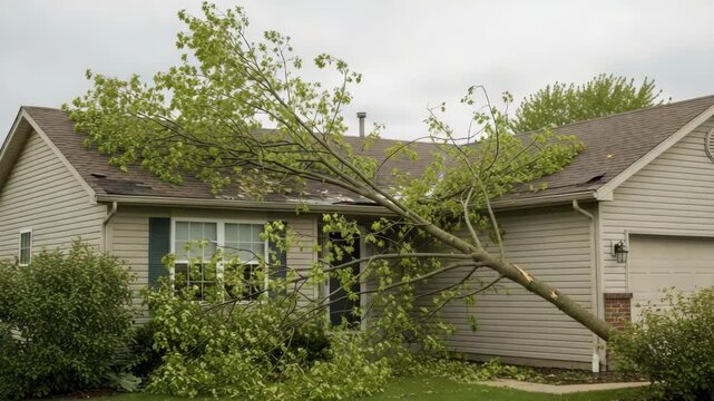 Storm damage to suburban home with large tree fallen on roof. Tree branch crashed through roof causing significant structural damage. Home insurance claim needed after severe storm.