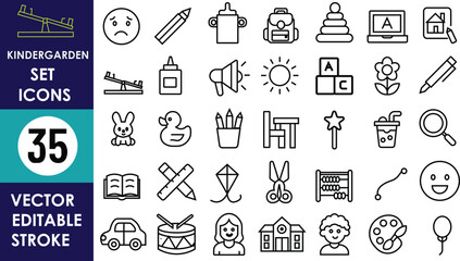 Kindergarten vector icon set includes slide, pencil, glue, toys, books, rabbit, scissors, abacus, magnifier, kids, balloon, smiling face, sun