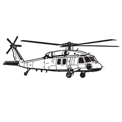 Black and white vector illustration of a helicopter, showing rotor blades, cockpit, landing skids, and tail fin, all outlined clearly with thick bold black ink lines.

