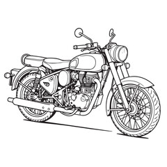 Black and white vector illustration of a classic motorcycle, featuring vintage design, spoked wheels, and engine parts, outlined with bold black ink in retro sketch style.


