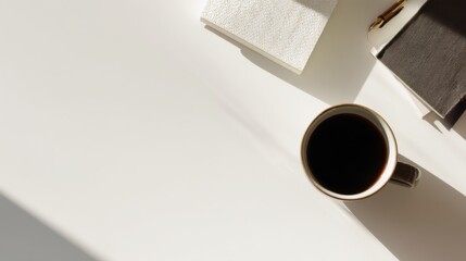 A coffee cup filled with dark liquid sits next to a white napkin on a round plate beside a watch and a laptop under natu