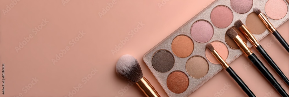 Poster elegant eyeshadow palette with soft brushes arranged on a matte surface in a minimalist setting, sho