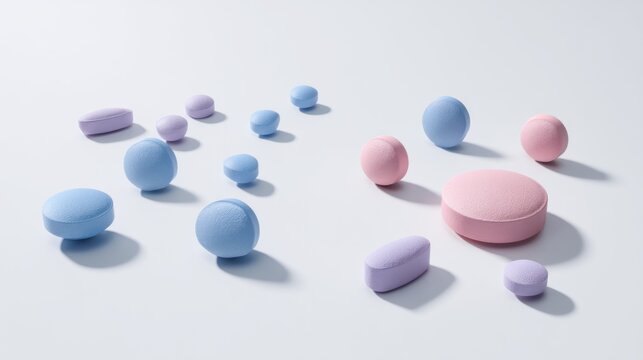 Various pastel colored pills and encapsulated substances arranged neatly on a surface with soft shadows from overhead li