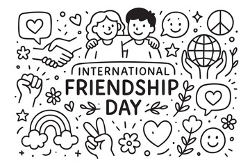 Black and white vector doodle background for International Friendship Day, featuring holding hands, smiling faces, hearts, and connected people symbols outlined with bold and clean black lines.

