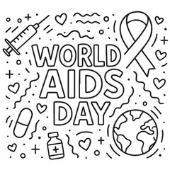 Celebrate World AIDS Day with a monochrome doodle vector background showing red ribbons, supportive hands, health icons, and love symbols outlined clearly in thick black strokes.

