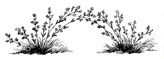 Monochrome Ink Drawing Wildflowers Arching, Meadow Setting, Nature Illustration