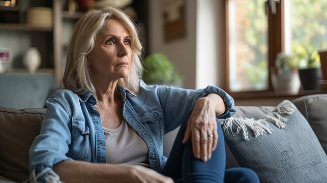 senior woman sitting on sofa at home - Powered by Adobe