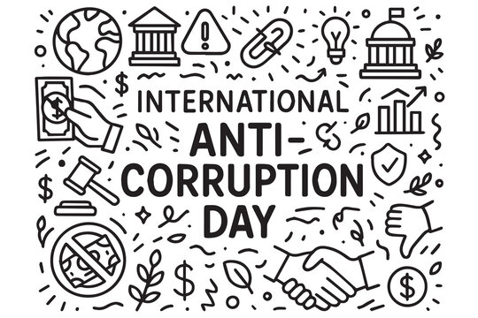 International Anti Corruption Day vector doodle background in black and white, filled with transparency icons, warning visuals, and law-related drawings outlined with clean, bold black linework.