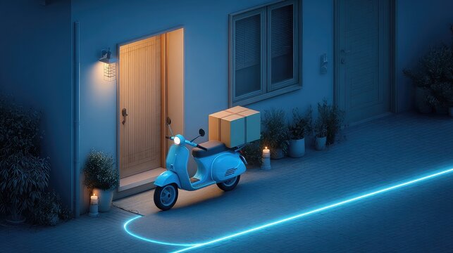 Delivery scooter updating user on arrival in real time, glowing route shrinks to doorstep, local products promoted based on ultra-short range logistic AI logic