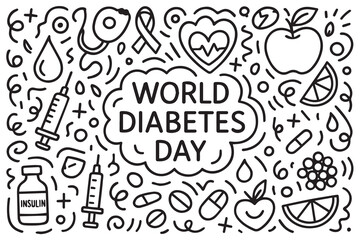 World Diabetes Day hand drawn vector doodle background in black and white, filled with medical symbols, food choices, and wellness elements outlined with clean, bold black ink.