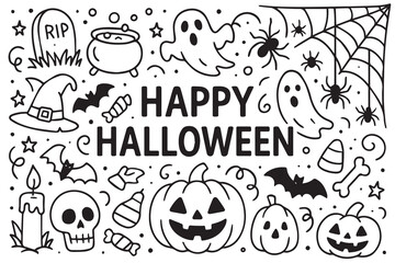 Black and white vector doodle background for Happy Halloween, featuring pumpkins, ghosts, bats, spiderwebs, and creepy faces outlined clearly with bold and clean black lines.


