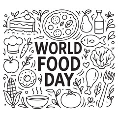 Black and white vector doodle background for World Food Day, featuring fruits, vegetables, utensils, bowls, and food symbols outlined clearly with bold, clean black ink lines.


