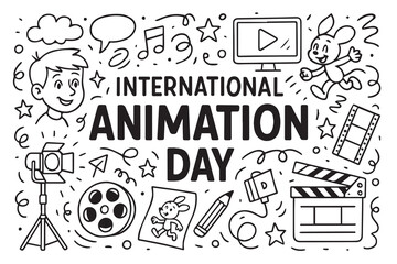 Black and white vector doodle background for International Animation Day, featuring film reels, characters, sketch tools, screens, and motion symbols outlined with bold clean black lines.