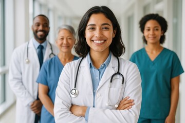 Fototapeta premium Confident female physician leading diverse medical team in modern hospital environment