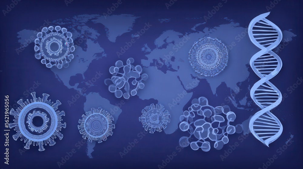 Poster viral structures displayed over a world map.