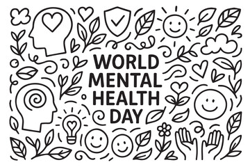 Celebrate World Mental Health Day with a monochrome doodle vector showing peaceful icons, thought bubbles, ribbons, and emotional symbols outlined clearly in strong black outlines.

